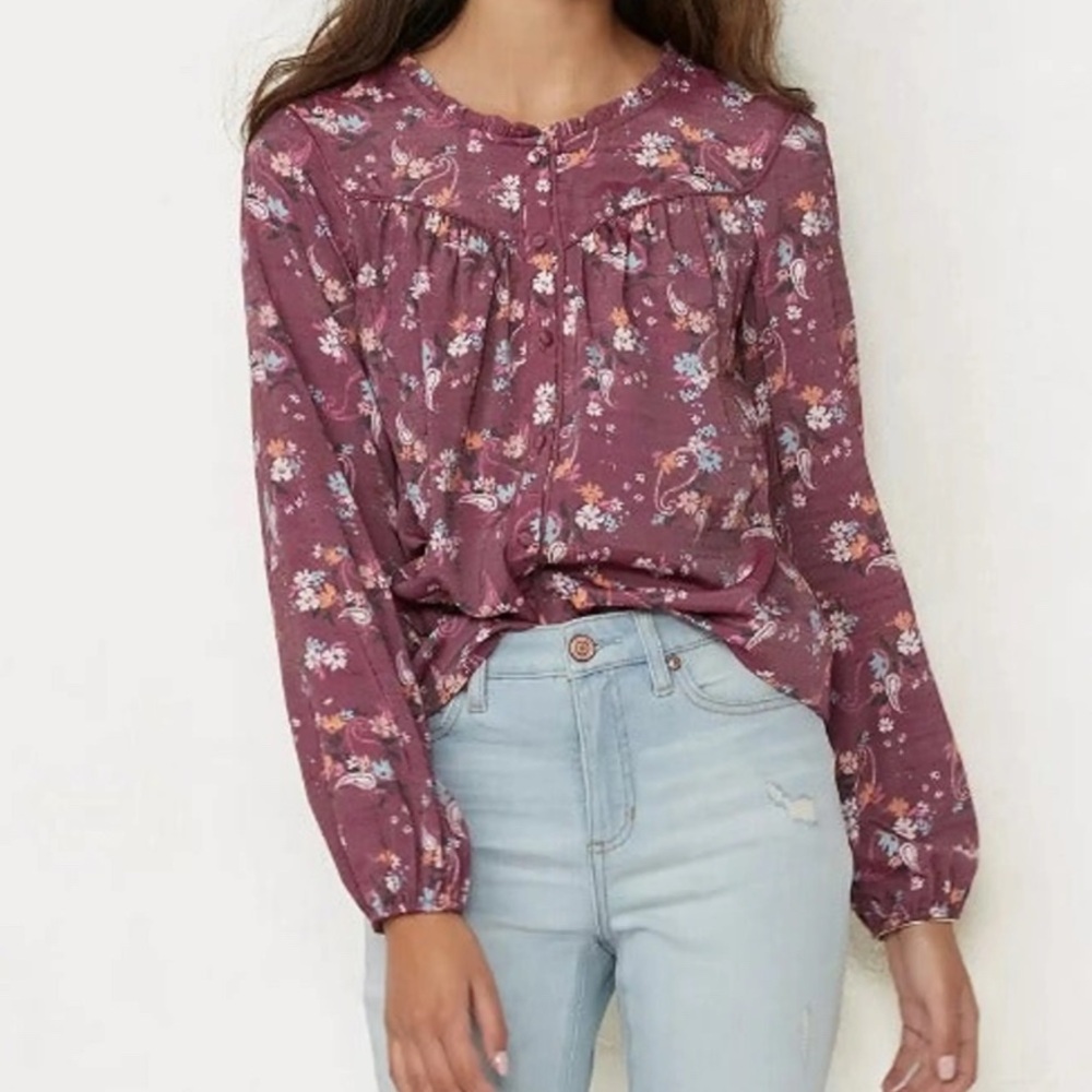 Lauren Conrad Floral Paisley Peasant Blouse Women’s Size M | Boho Ruffle Bib Top